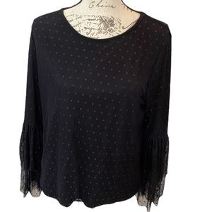Pebble &‎ Stone Black Polka Dot Lace Overlay Blouse Long Bell Sleeves Ruching
